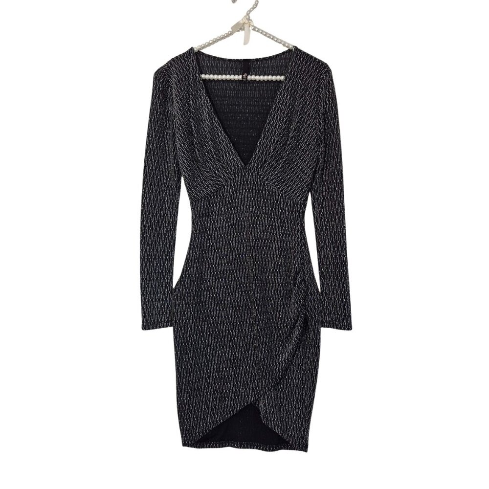 Women’s Black Metallic Bodycon Dress V-Neck Long Sleeve Ruched  Stretche Size S